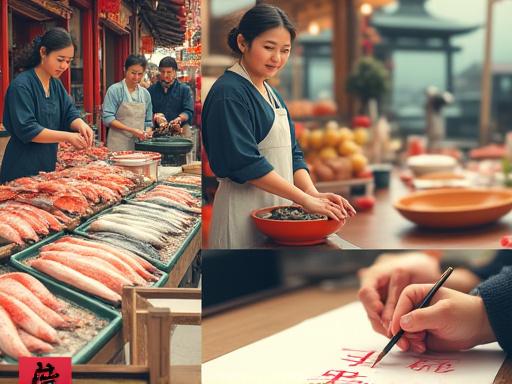 A collage showing a bustling Japanese market, a person grinding tea, and a hand writing calligraphy.
